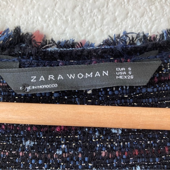 Zara Tweed Fringe Black Tunic Dress Small Bell Sleeves Deep V Neck Stich Colors - Picture 14 of 14